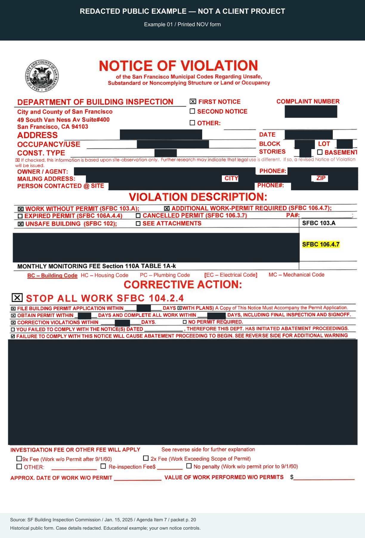 Redacted San Francisco DBI notice, with recognizable form sections