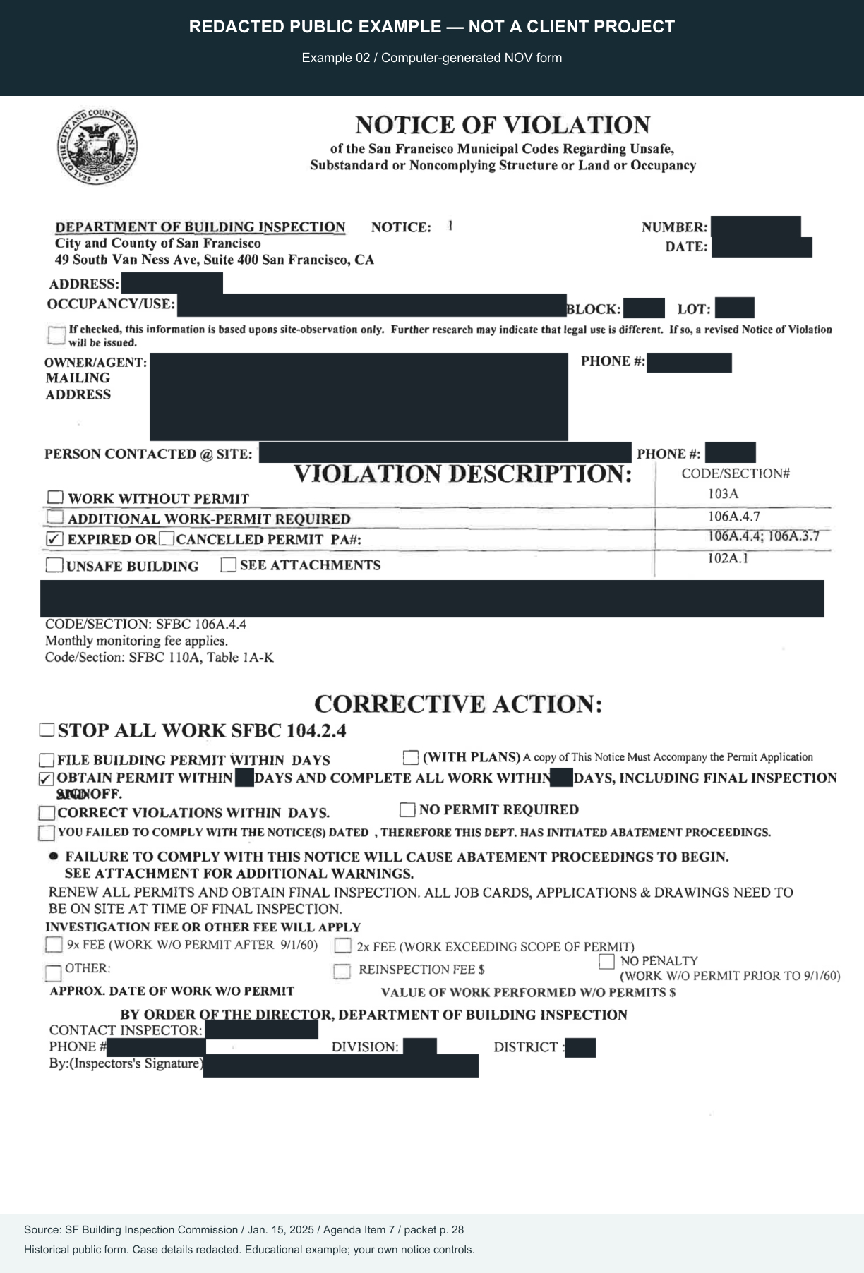 Redacted historical San Francisco DBI Notice of Violation example 2, showing the form sections with case identifiers removed